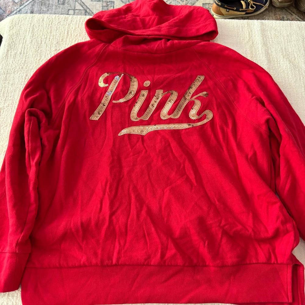 Pink Victoria's Secret Red Sequin Logo Pullover Hoodie Sweatshirt Medium